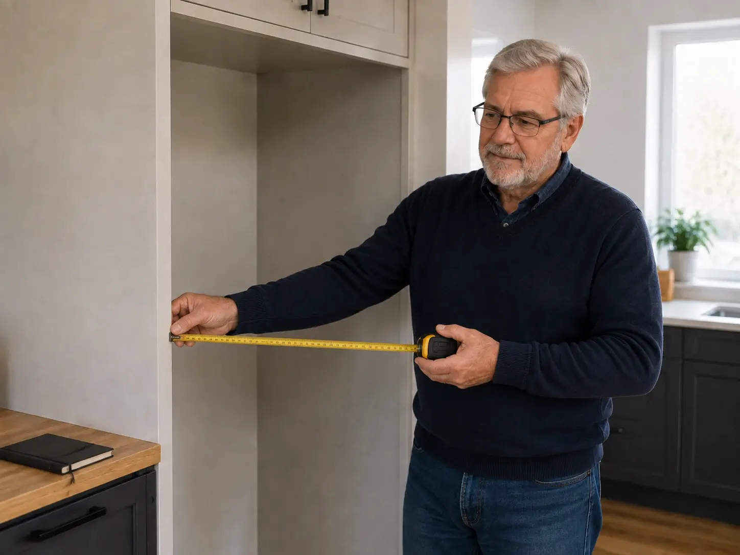 Walter checking an empty appliance opening with a tape measure
