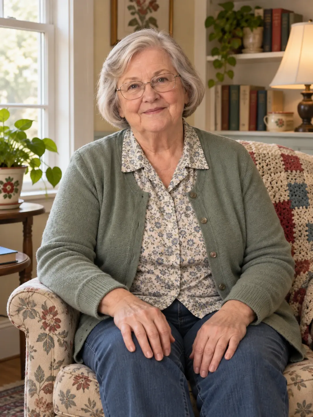 Eleanor Price in a sage cardigan beside a carefully kept household work area