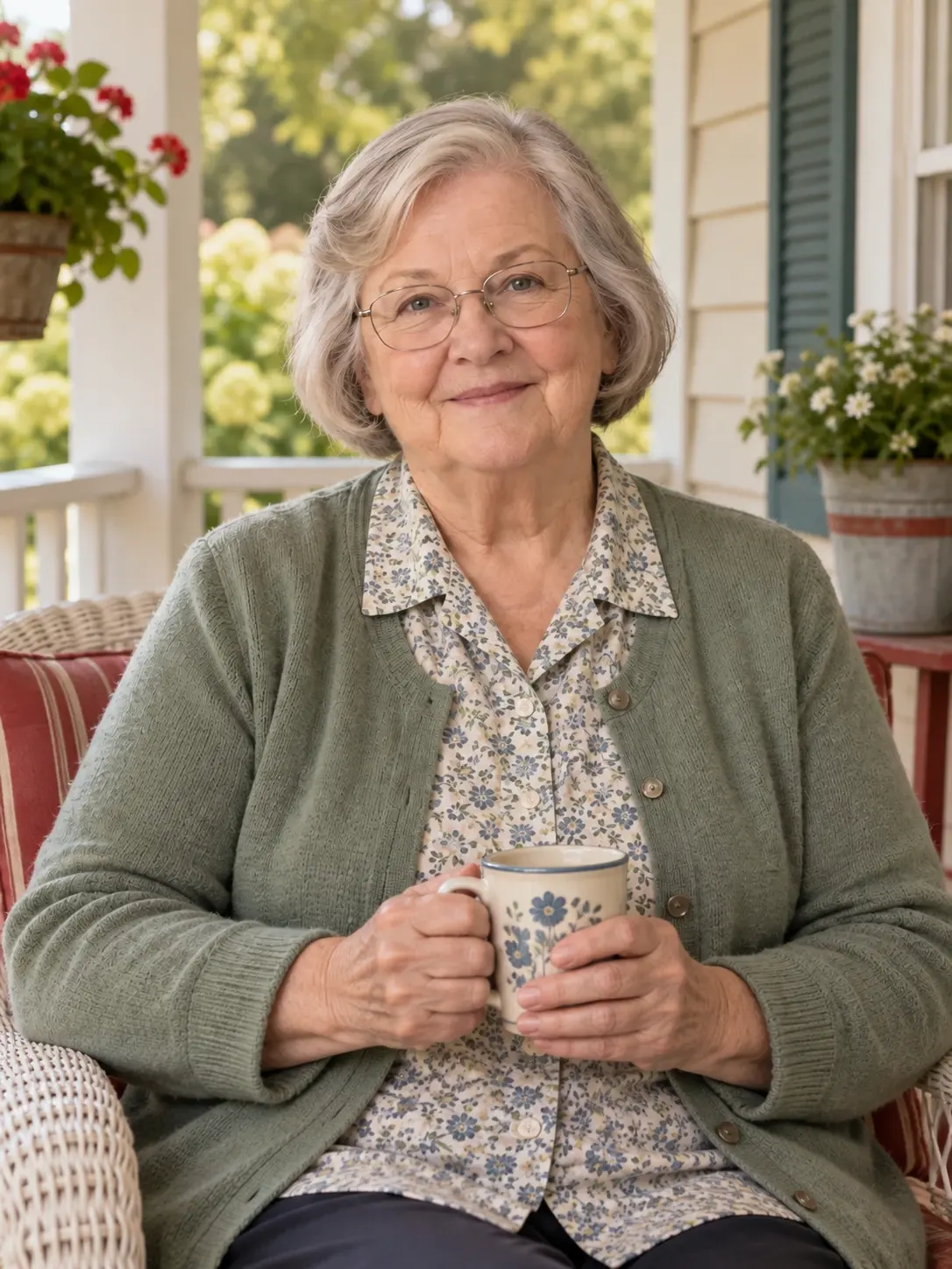 Eleanor Price in a sage cardigan beside a carefully kept household work area
