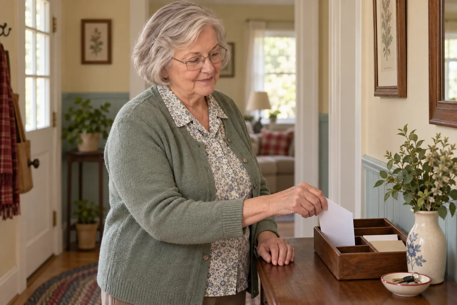 Eleanor placing a household paper into a small point-of-use sorting tray