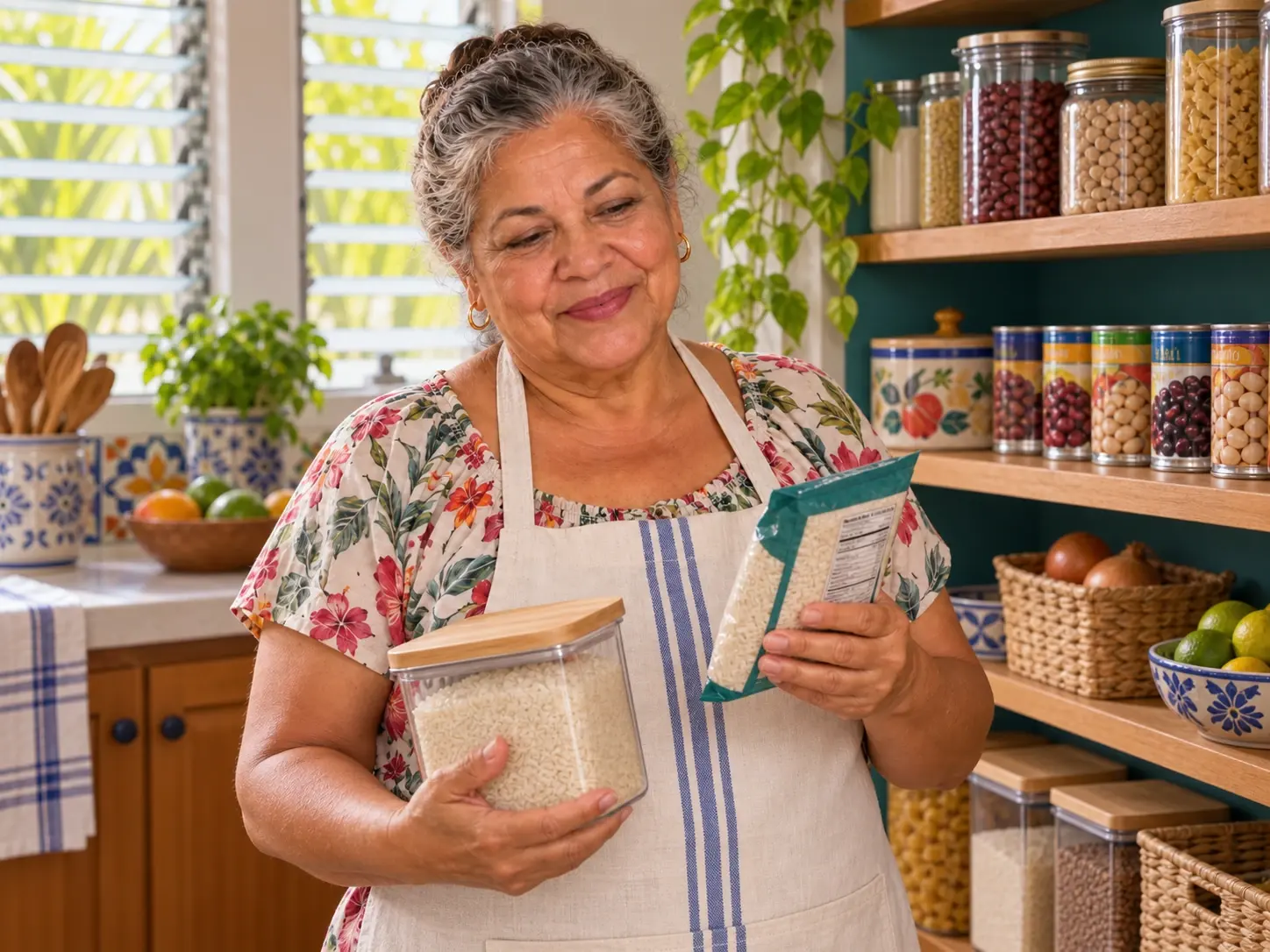 Doña Carmen matching a rice package panel to its closed pantry container