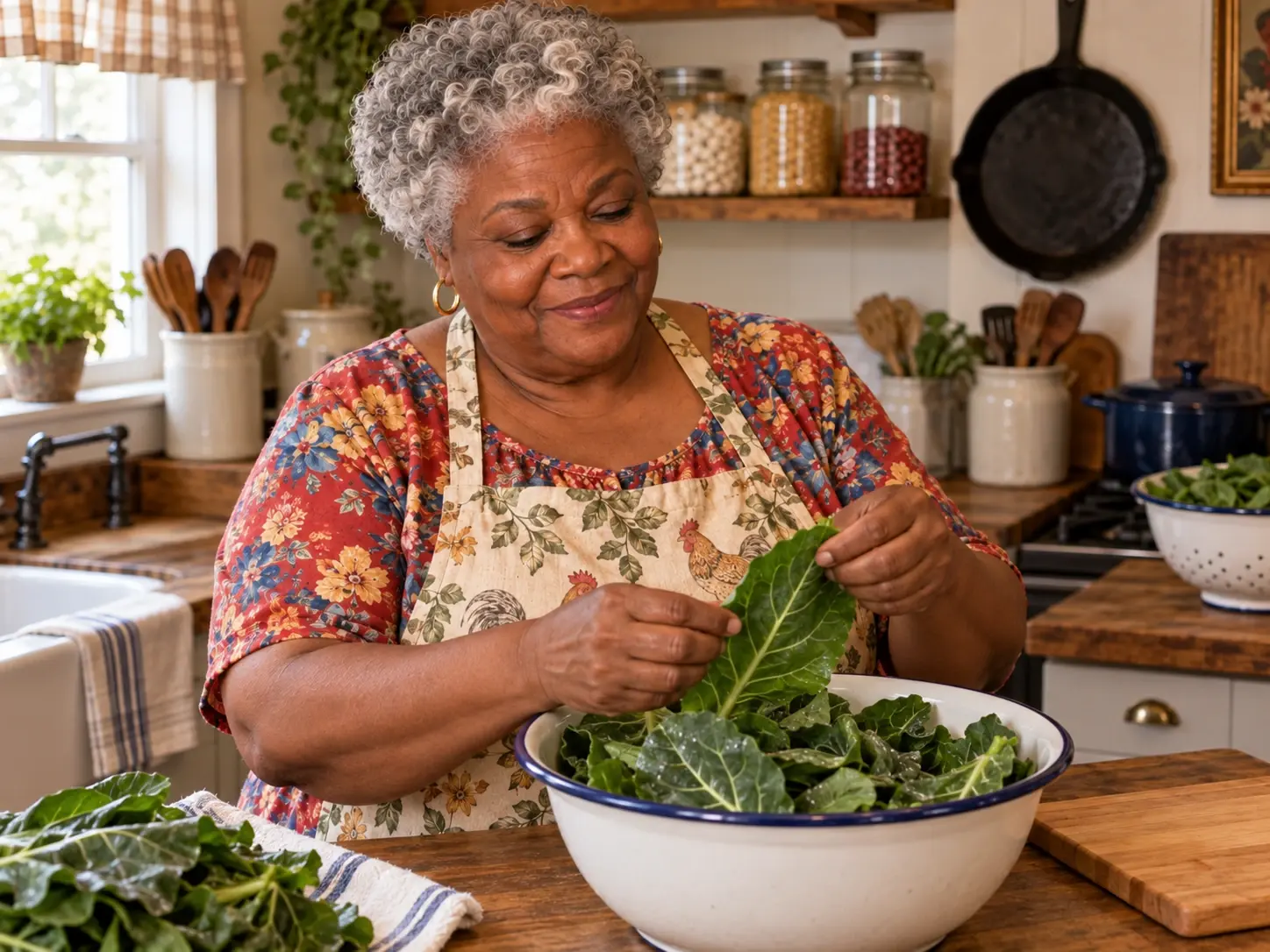 Miss Loretta examining a fresh collard leaf beside the kitchen sink