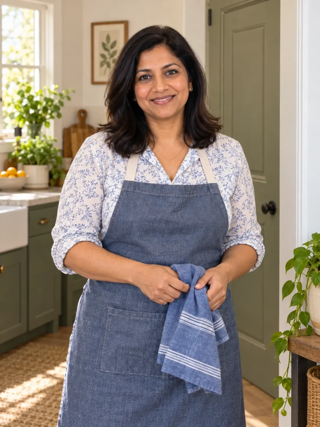 Priya Shah in a modern kitchen with pantry shelves and fresh produce