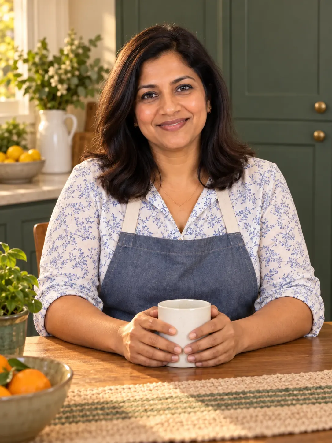 Priya Shah in a modern kitchen with pantry shelves and fresh produce