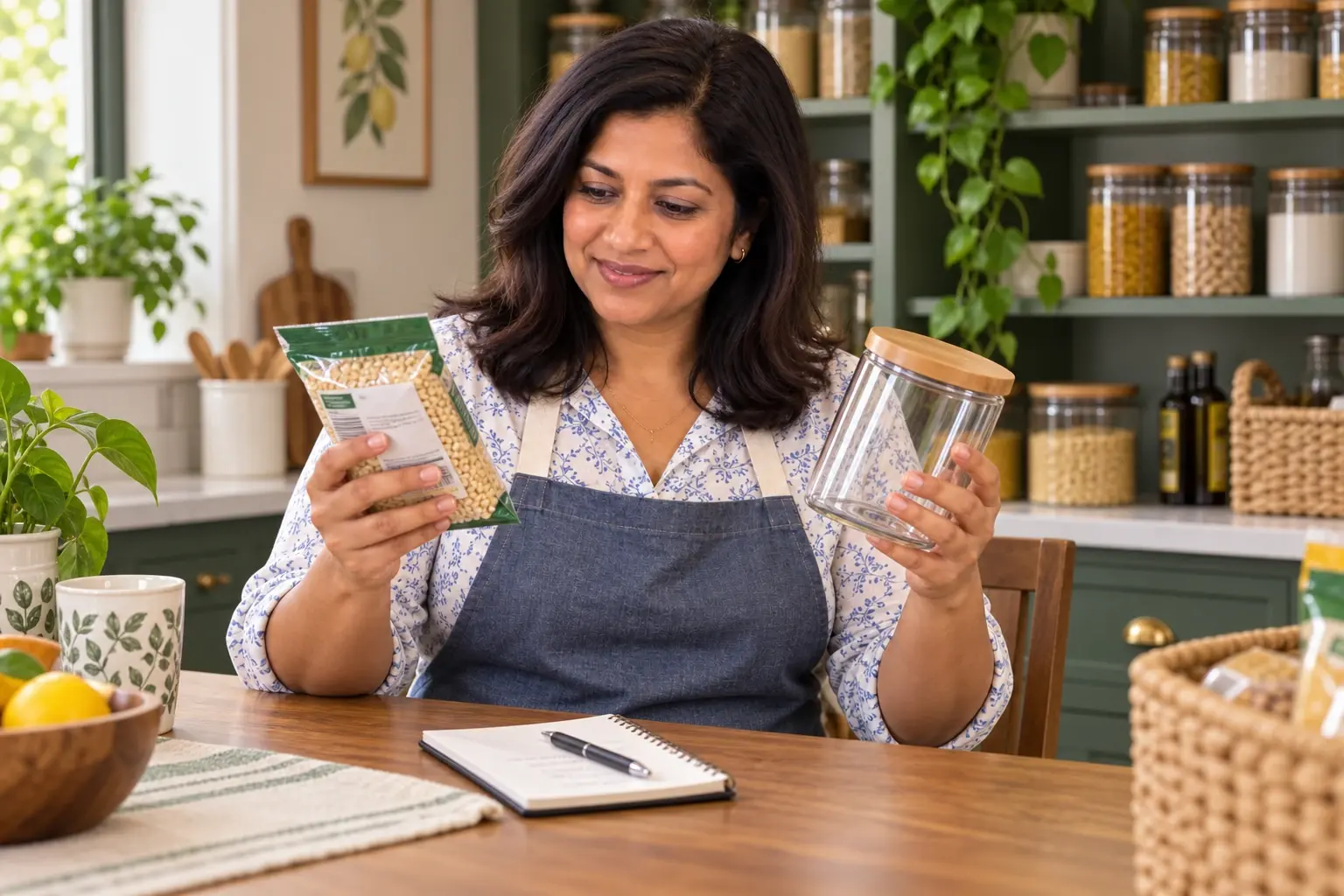Priya comparing a packaged ingredient label with a pantry container and written household plan