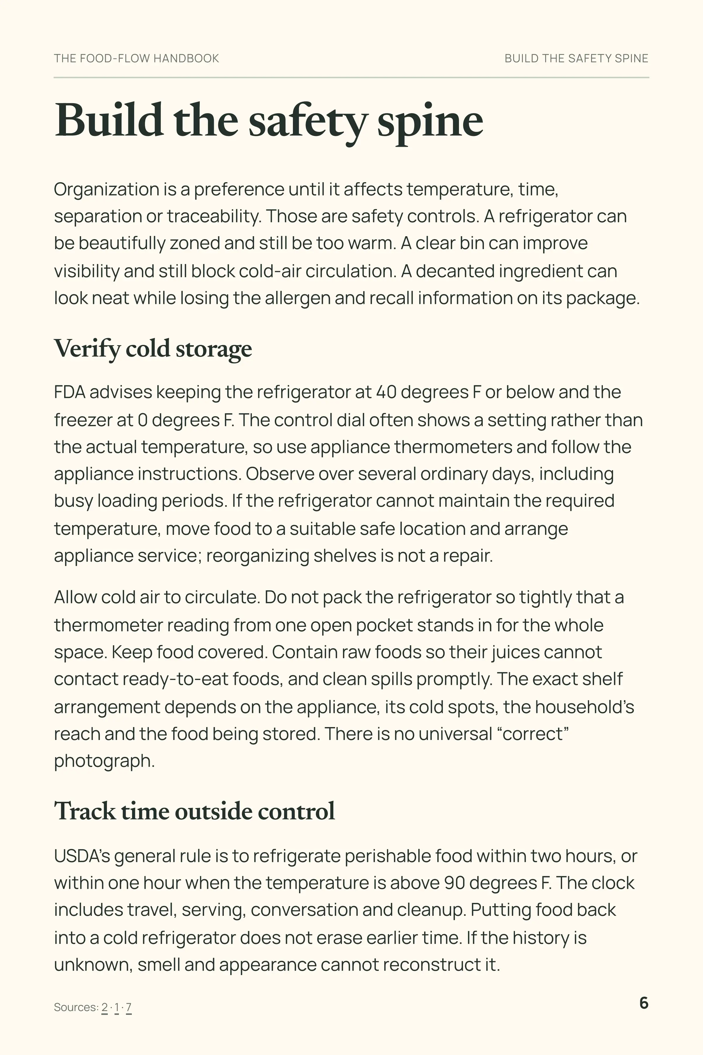 Handbook page separating food-safety evidence from organization preferences